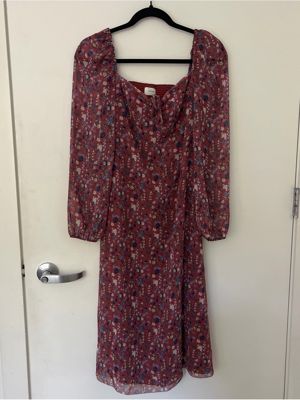 Aritzia Red Floral Midi Dress with Blue Accents